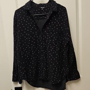 Madewell Black Button Down Shirt with Pink Flower Pattern, Size L